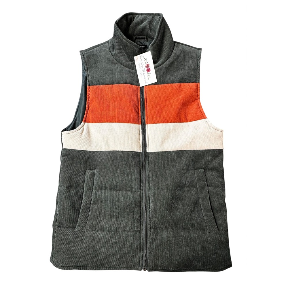 NWT Staccato Green Corduroy Colorblock Puffer Vest Retro Outdoors Size S